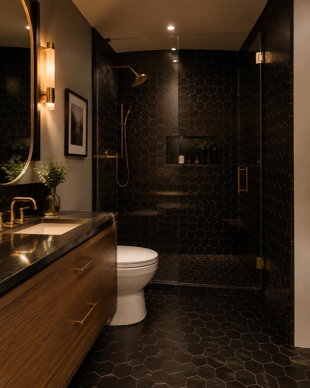 Remodeled bathroom with black tile and gold fixtures